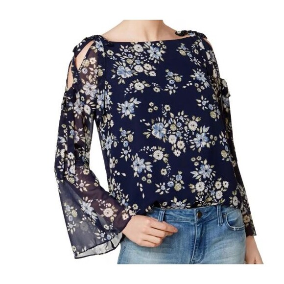 Maison Jules Women's Blouse Size M Navy‎ Blue Floral Cold Shoulder Bell Sleeve - Picture 1 of 12